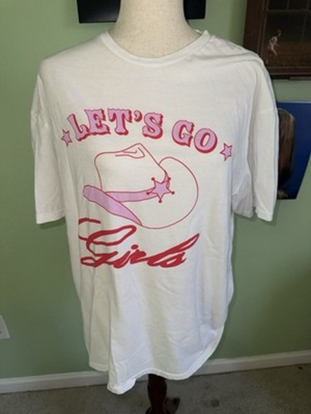 Sweet Claire Lets Go Girls Cowgirl Hat Graphic T-Shirt White Pink L/XL Western